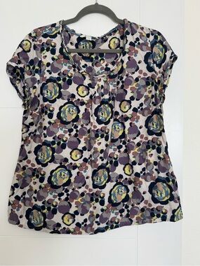 Boden Blouse Womens US 12 Top Viscose Silk Floral Short Sleeve Scoop Neck